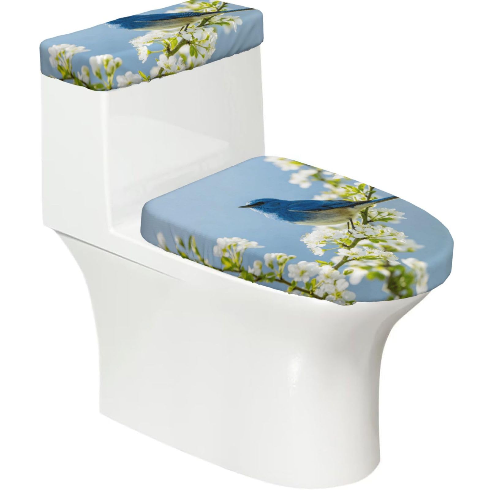 Cntdbu Black Blue Bird Art Stretchy Toilet Lid And Tank Cover Set-Soft Elastic Bathroom Decor For U Shape Oval