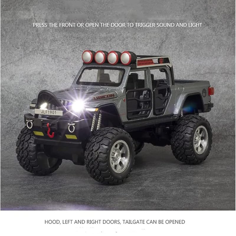 Image of Kids Model 1:32 Rubicon Die Cast Metal Car Pull Back Action Opening Doors with Realistic Engine Sound Lights Toy Car Gift for Boys - Silver