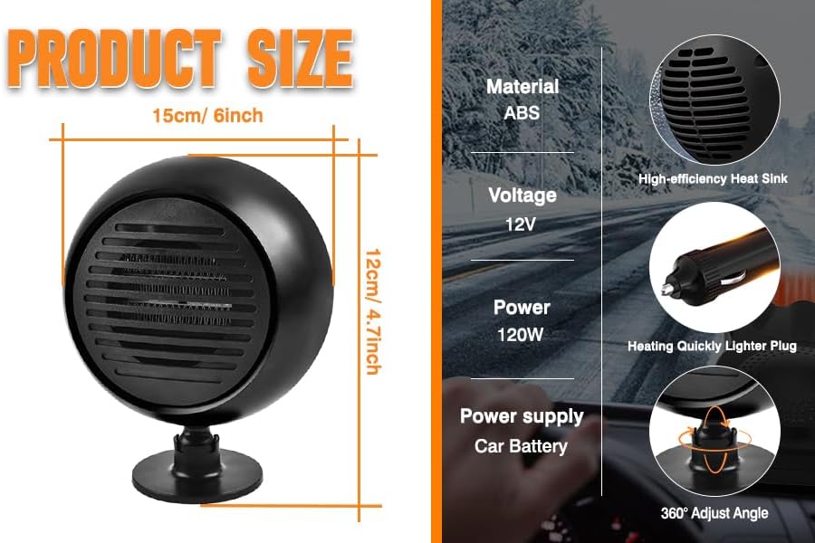 MACHSWON 12V Portable Car Heater product size and key specifications including material, voltage, power, and power supply.