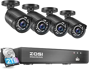 ZOSI 1080p H.265+ PoE Security Camera System, 8CH 5MP PoE NVR Recorder and 8 x 1080p Surveillance Bullet IP Cameras Outdoor Indoor with 120ft Long Night Vision (No Hard Drive Included), Remote Access asin的图片