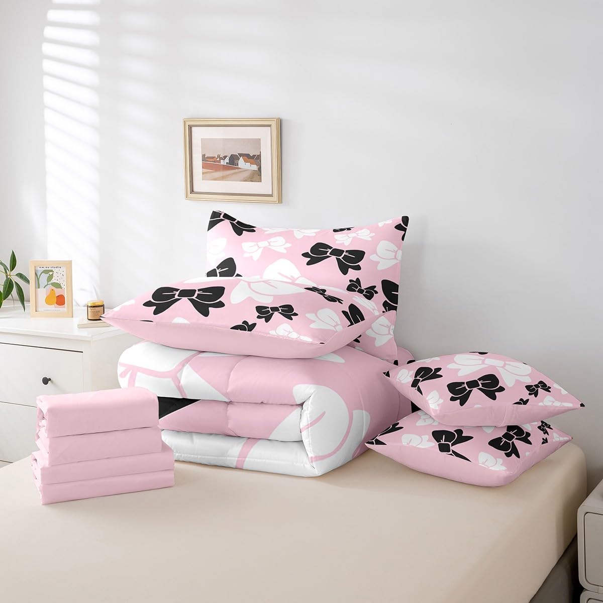 Feelyou Kids Bowknot Comforter Set Queen Size 7 Pieces Bow Boys Girls Fairy Princess Themed Bedding Set Pink Bed in a Bag with Comforter, Sheets, Pillowcases & Cushion Cover