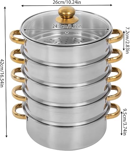 Miniatura 3 de Ollas de vapor de acero inoxidable de 5 niveles, olla de cocción al vapor con asas y tapa de vidrio, ollas para cocinar verduras, albóndigas y