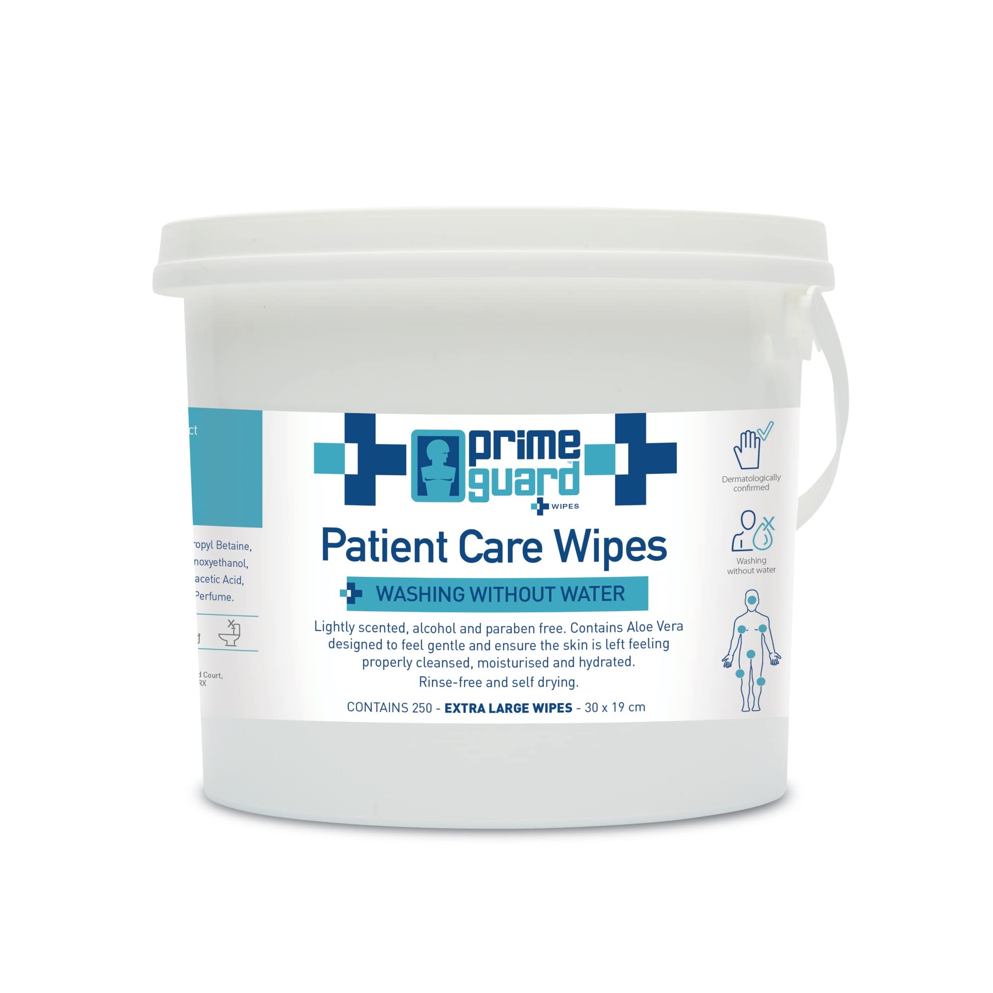 Large Wet Cleansing Body Wipes – Bucket of 250 Extra Large Wipes. Prime Guard Bed Bath Patient Cloths. Personal Skin No Water Dry Bath. Hygienic and Disposable. Single Use. Alcohol Free.