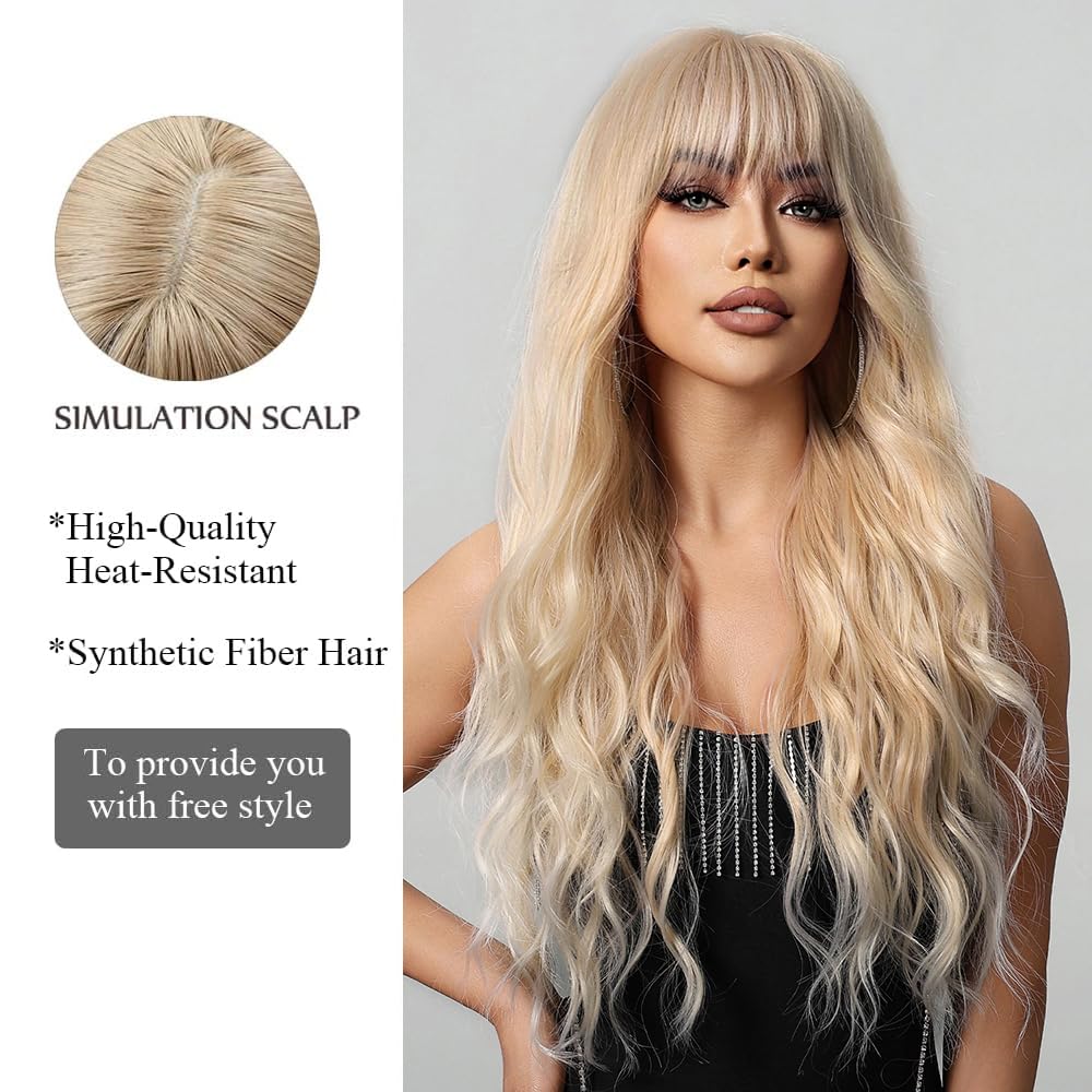 OUFEI Long Blonde Wig With Bangs Natural Wavy Wigs for Women Natural Synthetic Hair Heat Resistant Wigs for Daily Party Cosplay Wear - Image 3