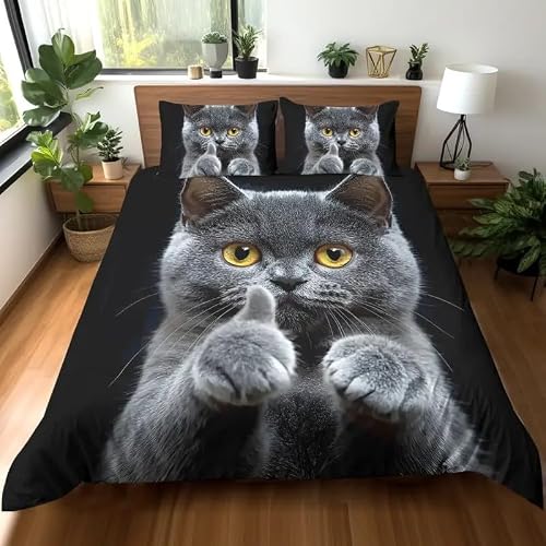 Funda Nórdica Cama 150 Gatto A Pelo Corto Funda Edredon 220x240 Microfibra Suave, Ropa de Cama Gris 3 Piezas - Funda Nordica Gatto A Pelo Corto y 2 Funda de Almohada 50x80 con Cremallera