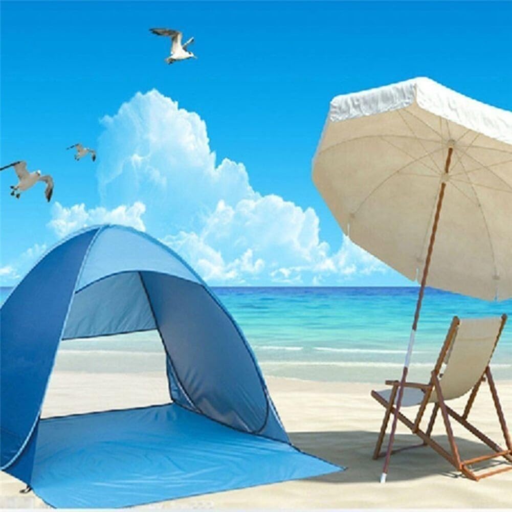 Tenda da spiaggia pieghevole istantanea con funzione di apertura automatica, protezione UV 50+ e picchetti in acciaio per ancoraggio sicuro al suolo