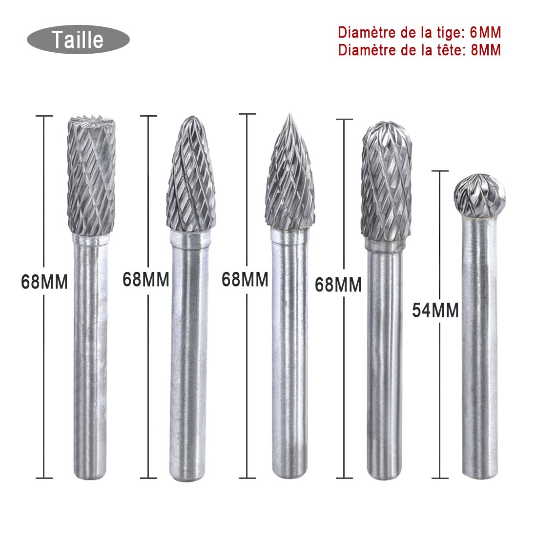 Treki 5PCS Fraises en Carbure de Tungstène Tige 6mm x 8mm Fraises Rotatives Double Coupe pour Sculpture sur Bois Métal Céramique Polissage Gravure