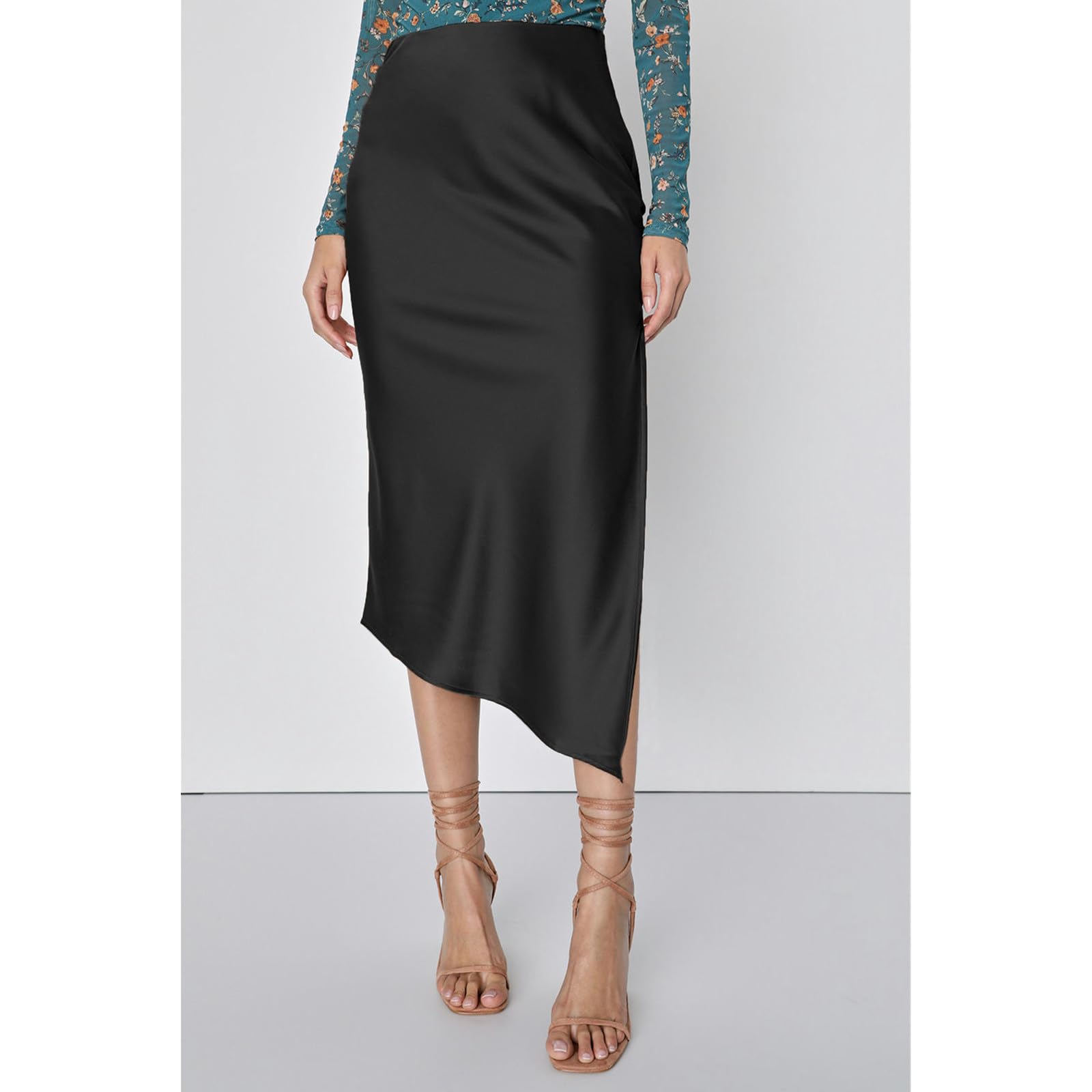 Röcke Frauen Satin Asymmetrischer Hoher Taille Maxirock - Eleganter Schlitz -midi -Rock Für Frühling Und Sommer-schwarz-l