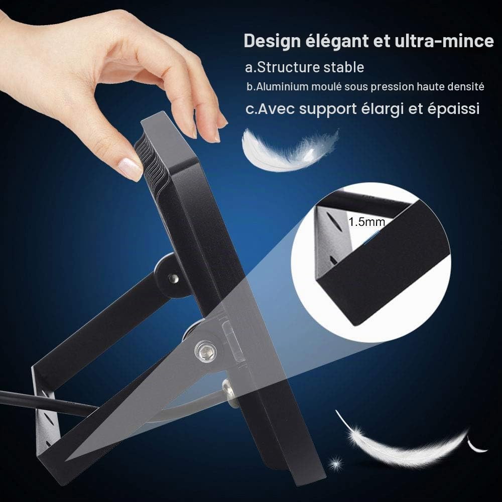 papasbox Projecteur LED avec prise 10 W 20 W 30 W 50 W 100 W extérieur imperméable IP65, Aluminium + PC., blanc chaud, 100W