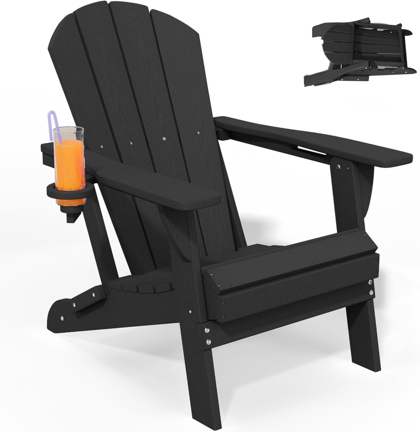 Foldable Adirondack Chair with Cup Holder-Heavy Duty Recycled HDPE Outdoor Patio Furniture, Weather Resistant Deck Lawn Fire Pit Chair (Black, 1 Chair)