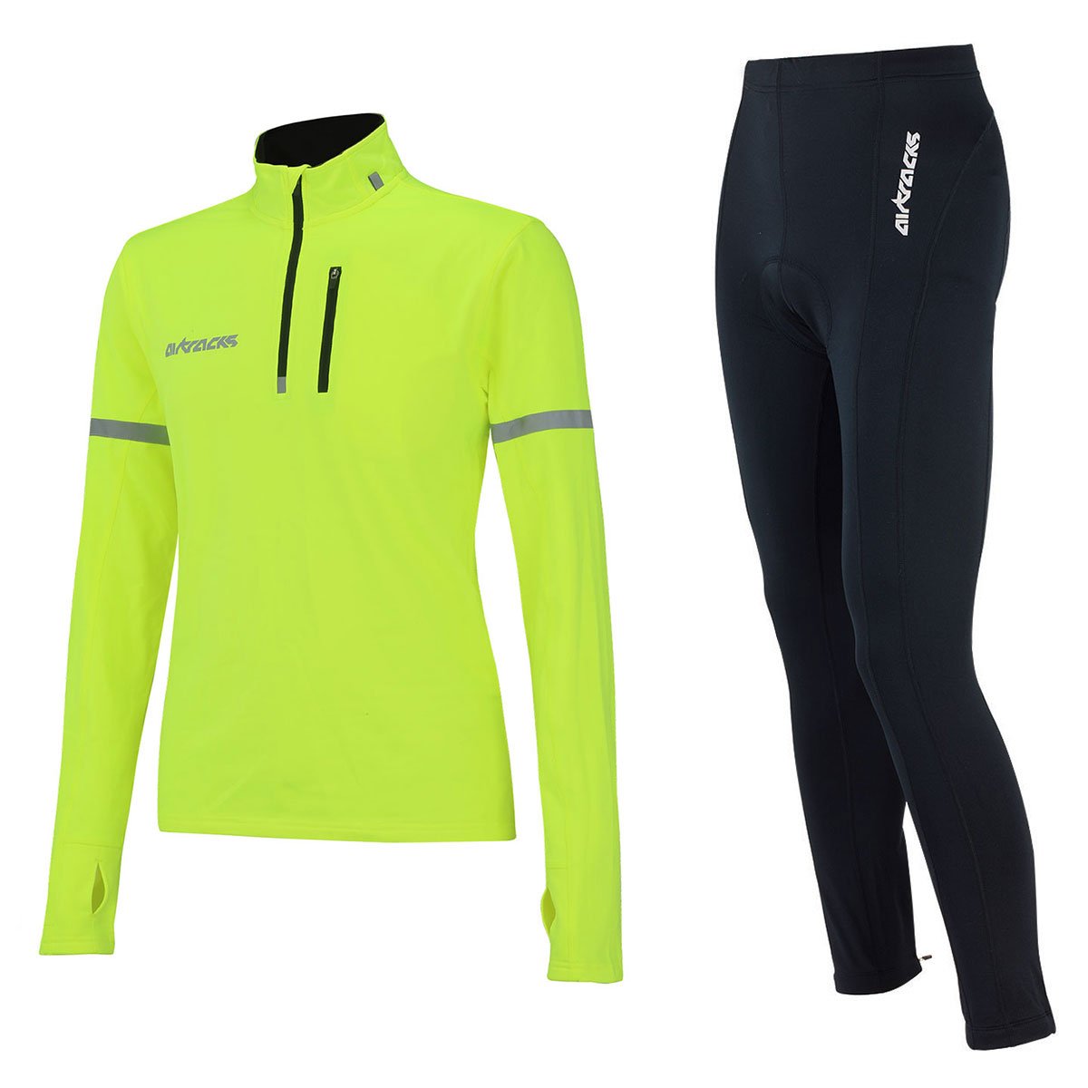 Airtracks Herren Winter Radtrikot Set - Thermo Fahrradhose Lang + Thermo Fahrradtrikot Langarm - Atmungsaktiv - Reflektoren