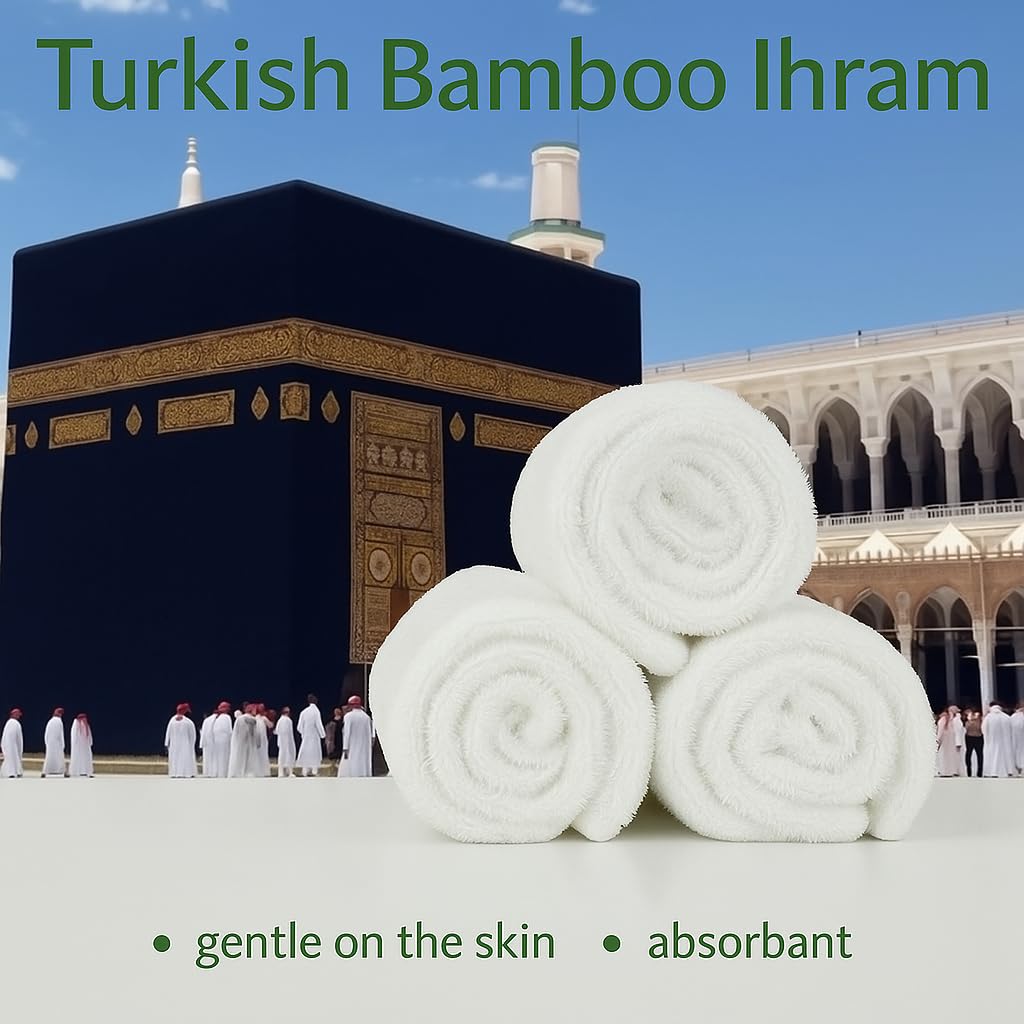Ihram pour Homme – Ensemble de Serviettes 2 Pièces pour le Hajj et la Omra – Bambou Coton Naturel – Doux, Sans Couture – Ahram Ehram 110X220 cm (Bambou Avec Ceinture)