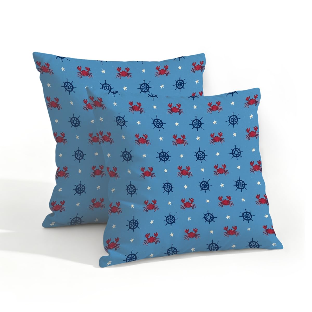 Outdoor Pillow Covers Waterproof Pillowcases 18x18in Set of 2 Cute Ocean Crabs Nautical Rudders On Blue Decorative Throw Cushion Case for Couch Sofa Garden Patio Furniture
