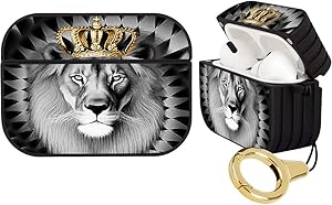 Black Hard Plastic Case for Airpods Pro Magnetic Lock Full Body Protective Shock-Resistance Cover Spirit Lion Crown Design Wireless Charging Case with Ring for Airpods 3 Generation