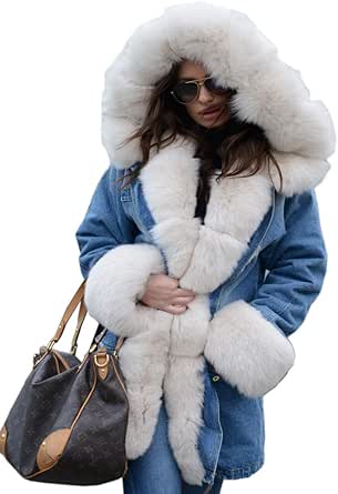 Aofur Plus Size Women's Long Hooded Parka Coat Warm Denim Winter Overcoat Faux Fur Collar Qulited Jacket
