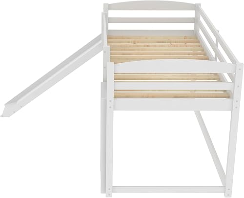 Miniatura 33 de SOFTSEA Litera individual sobre individual con tobogán, literas de casa para niños y niñas (blanco, litera de casa con tobogán) Blanco,Gris,Lavado