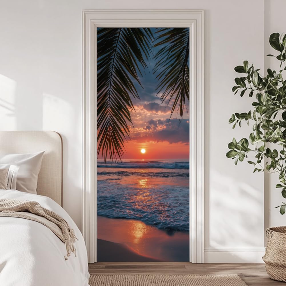 arricraft 2 Pcs Self-Adhesive 3D Door Sticker, 31.5"x78.7" Sunset Scenery on the Beach Natural Landscape Decorations Door Murals Stickers PVC Removable Wallpaper Decoration for Bedrooms ​Living Room