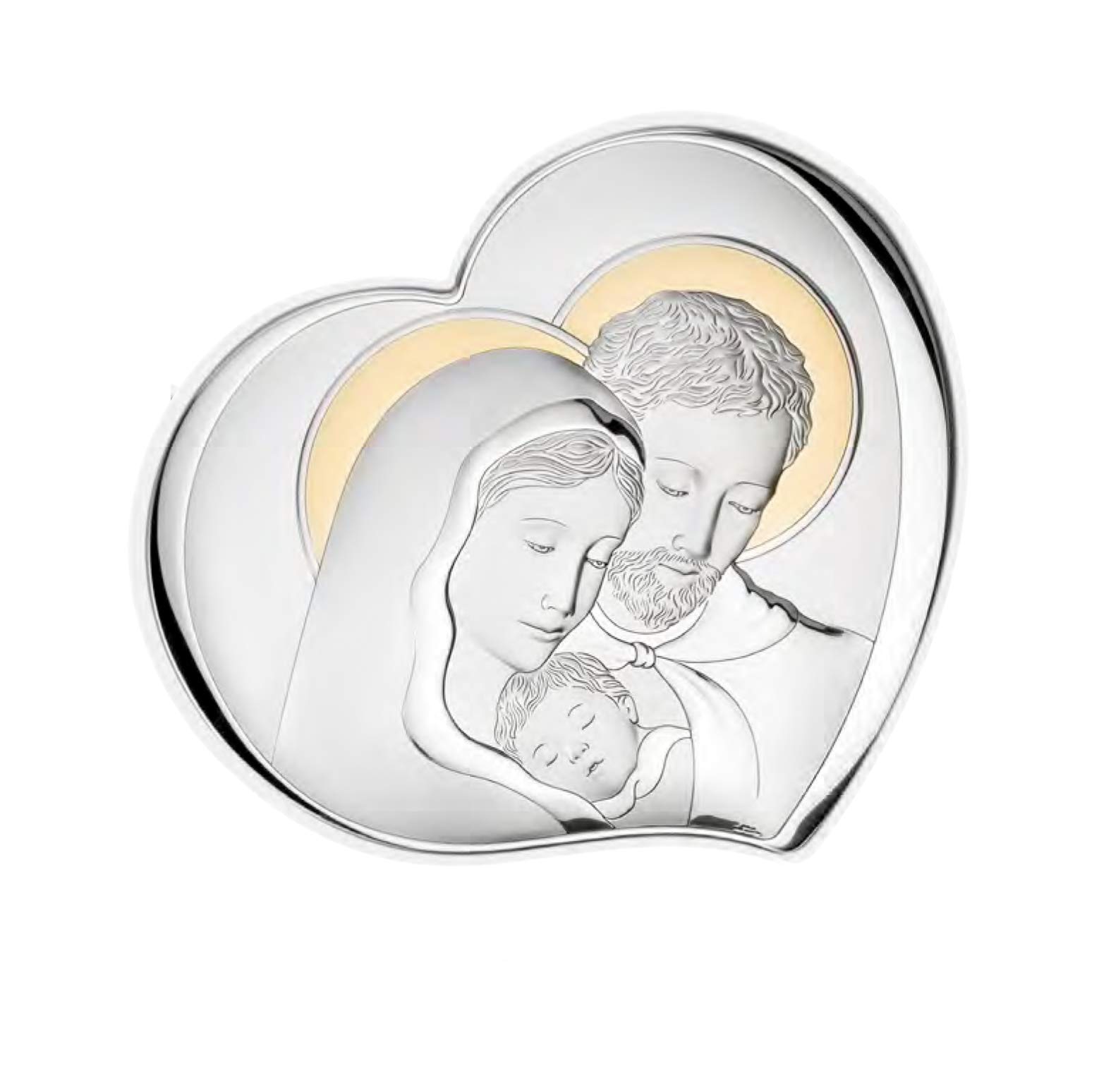Pannello di valenti. Pannello in argento laminato e oro, retro in legno, raffigurata la sacra famiglia. Le dimensioni sono 17,5x15,5cm. La referenza è 81252 4loro