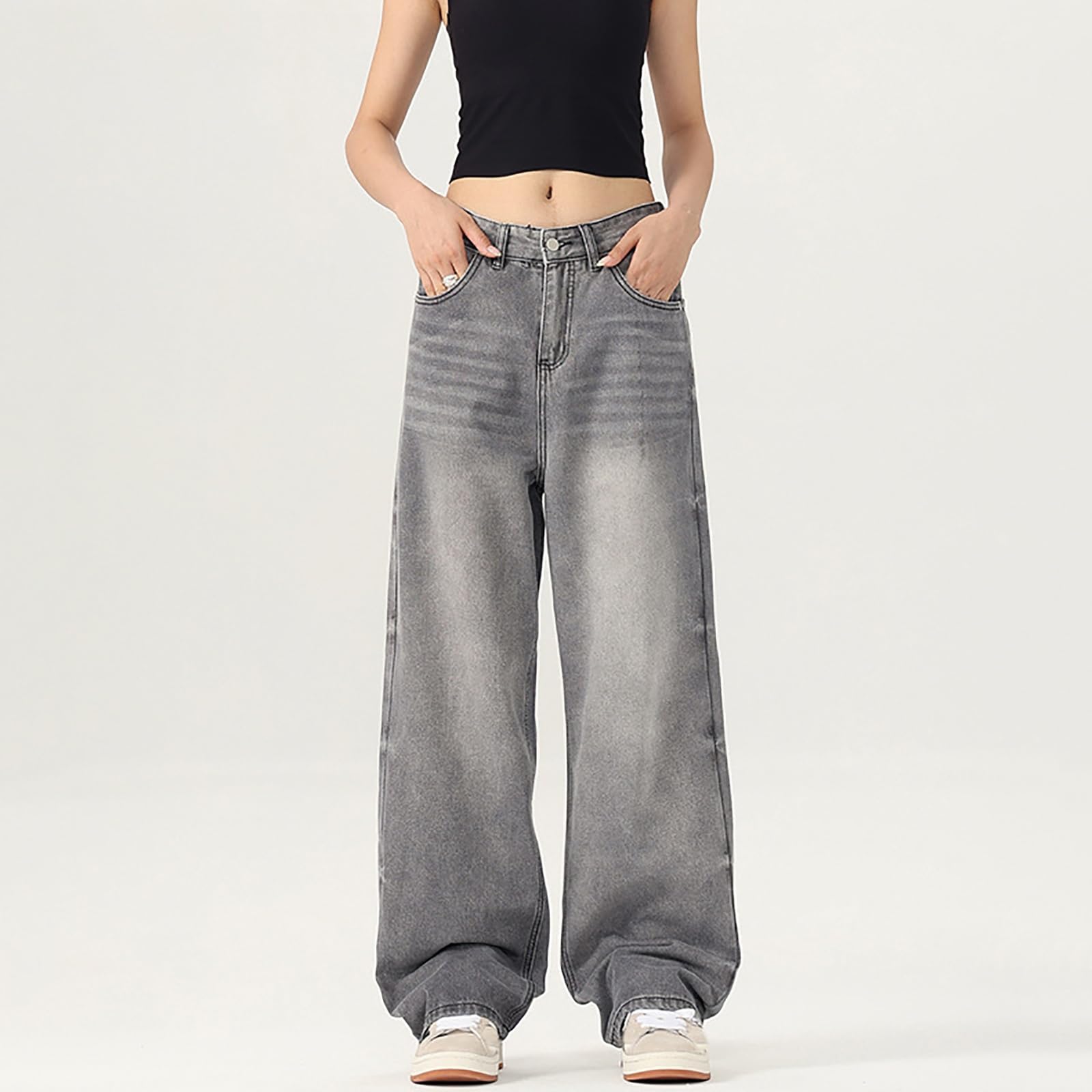 Damskie Dżinsy Proste Luźne Spodnie Cargo z Niskim Stanem Szerokie Nogawki Spodnie Boyfriend Luźne Spodnie Rekreacyjne Dżinsy Wiosenne Streetwear Dżinsy Cargo Szare Sprane