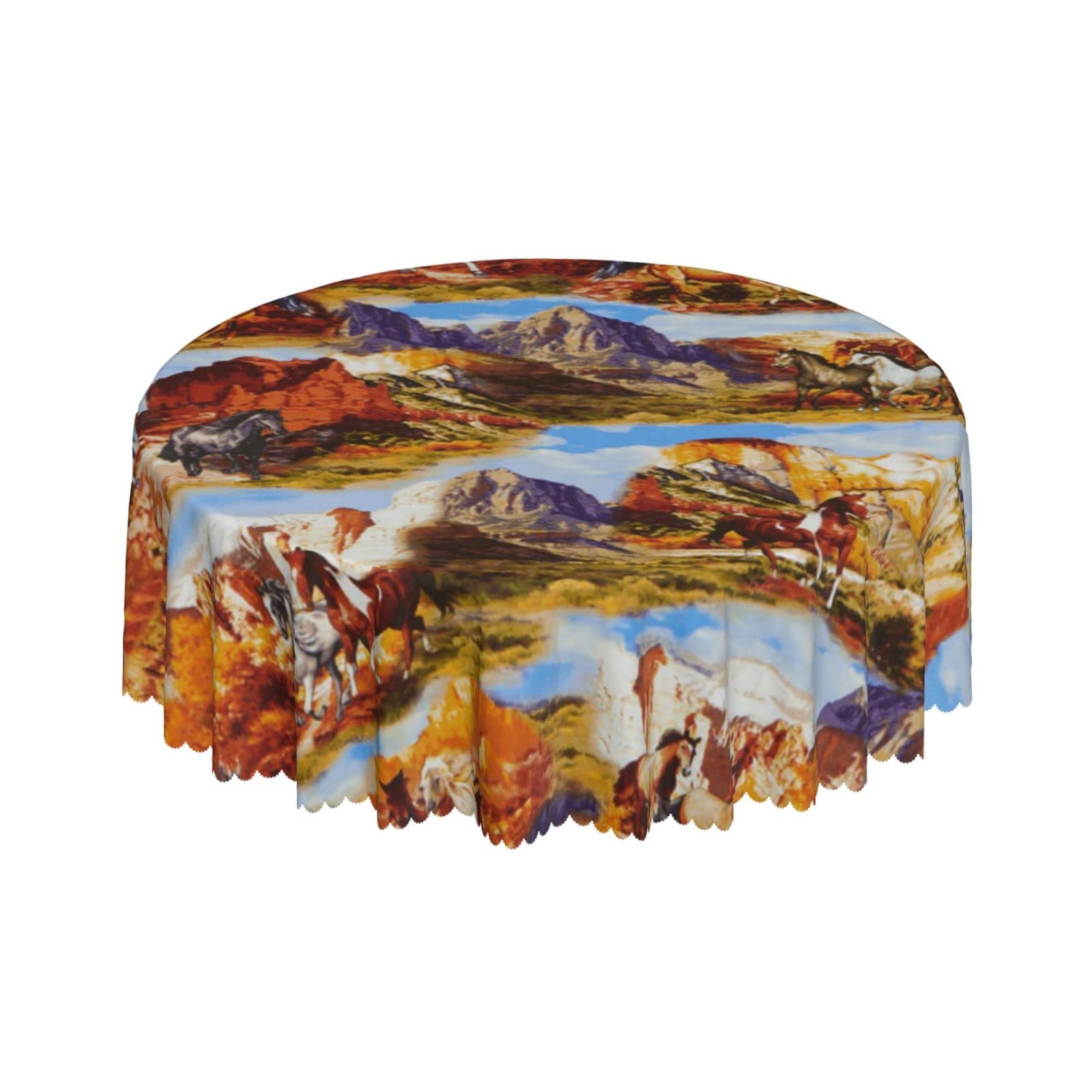 Lsjuee Western Horse Collage Round Tablecloth 60 Inch Printed Washable Tablecloth for Dining Party Holiday Fall Home Decorative