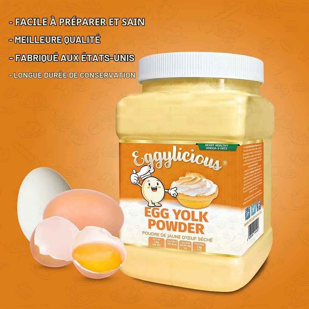 Eggylicious Poudre de jaune d'œuf, poudre de protéine naturelle séchée, fabriquée à partir d'œufs frais, pasteurisés, smoothies, sans OGM, sans additifs, utilisée pour la cuisson, 0,5 kg (453,6 g)