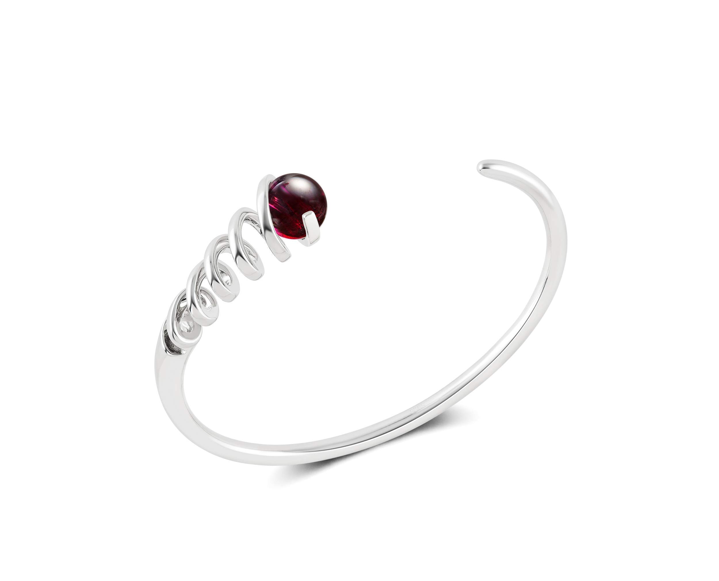 Adjustable Open Bangle Bracelet, 10mm Garnet January Birthstone, Sterling Silver Gift For Women
