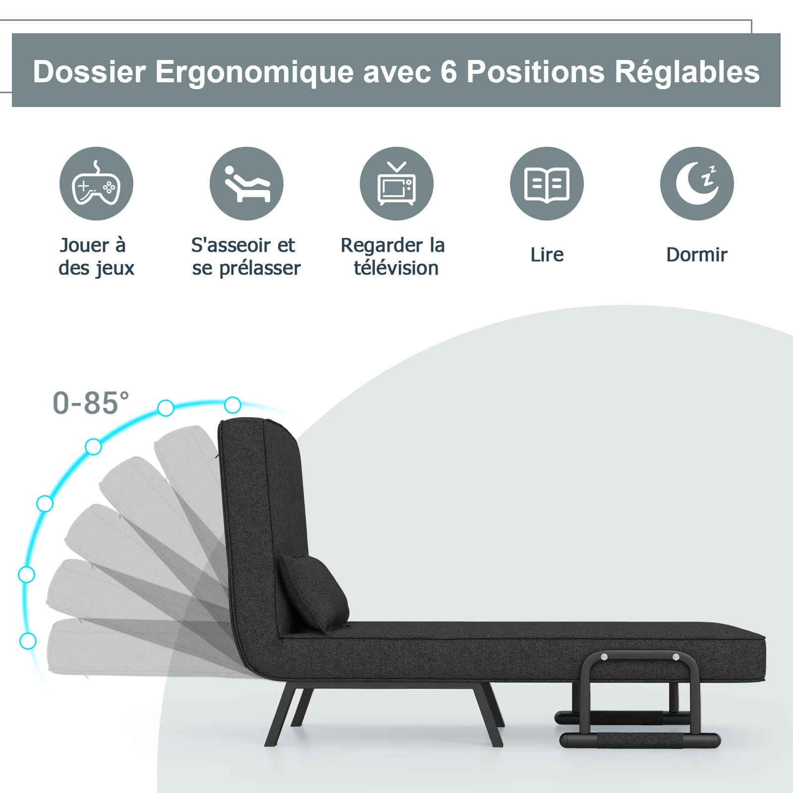 RELAX4LIFE Fauteuil Convertible, Canapé-Lit Pliable avec Coussin, 2 Accoudoir et Dossier Réglable à 5 Positions, Housse Déhoussable pour Bureau, Salon, Balcon (Noir)