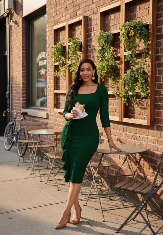 Image of MarryUP Womens Work Dresses Elegant Square Neck 3 /4 Sleeve High Waist Bodycon Ruffle Vintage Church Pencil Midi Dress