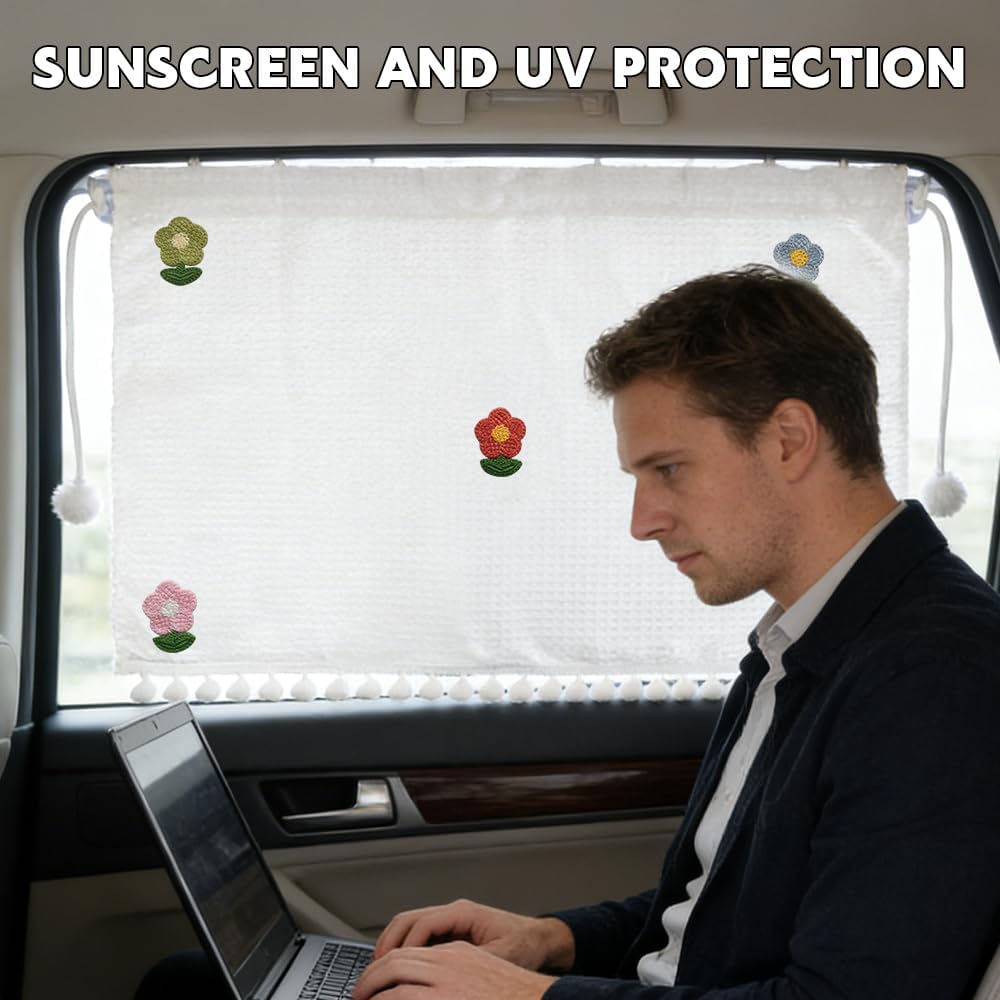 Car Sunshade Side Curtain, Waffle Texture Car Window Curtain with Suction Cup, Breathable UV Block Curtain for Car Windows, Cute Auto Window Privacy Protection Shades (Five Sunflowers/B)