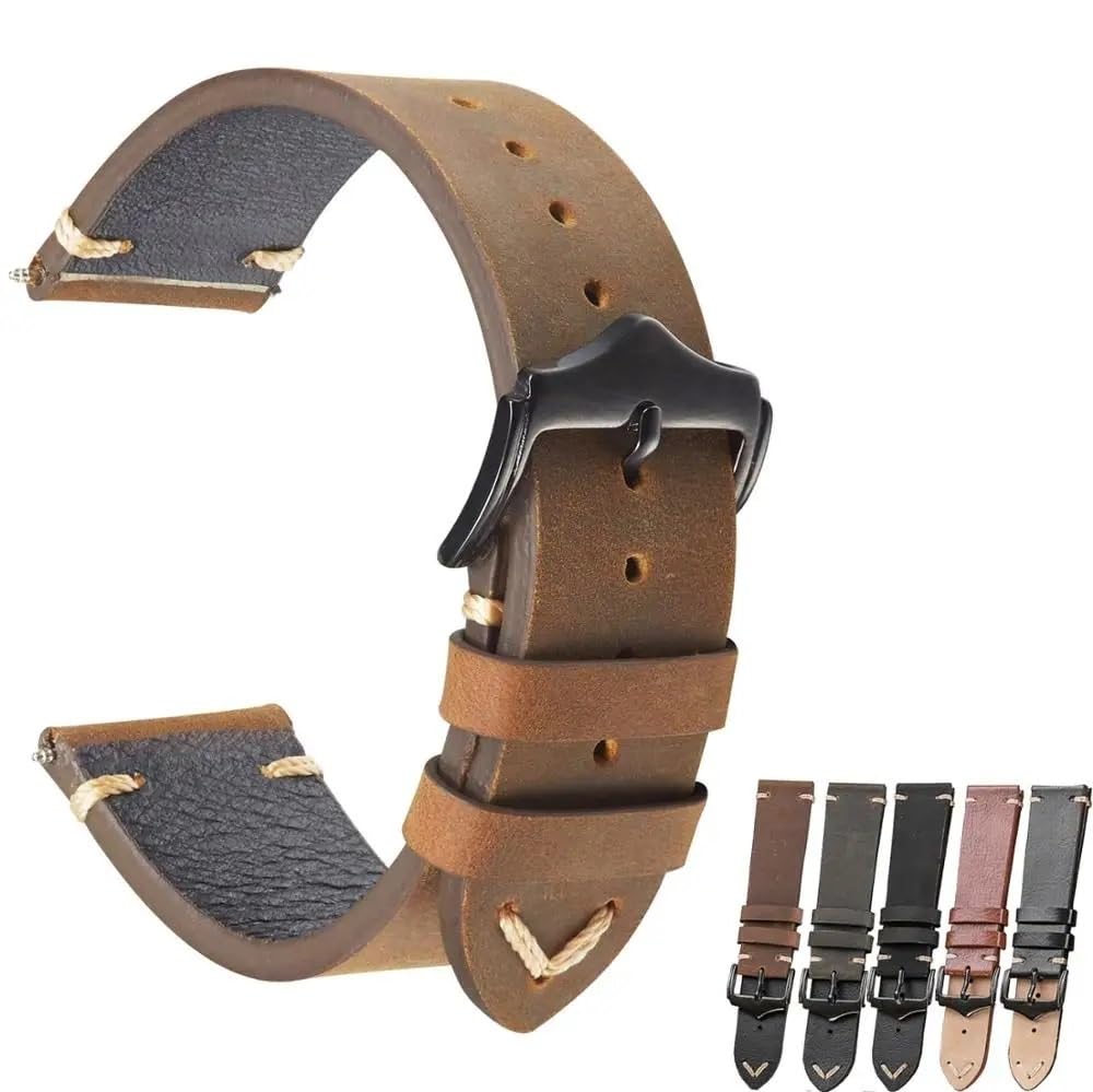 Echtes Leder Uhrengurt 20mm 22 mm Öl Wachs Uhrenband Handgefertigt Unisex Vintage Black Army Green Gurt (matt schwarz, 22 mm)