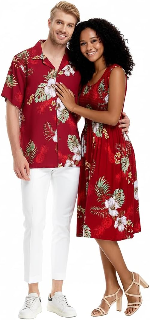 Matchable Couple Hawaiian Luau Shirt or Tank Dress in Pineapple Garden Burgundy
