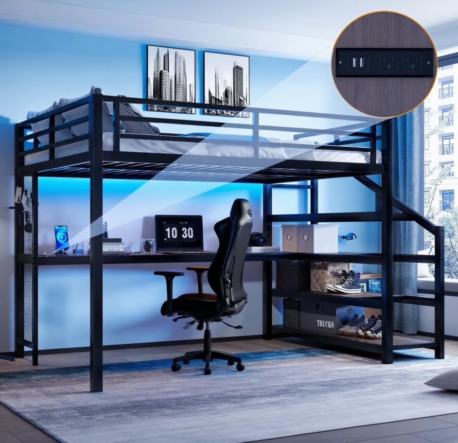Image of Bellemave Queen Size loft Bed with Storage Stairs, Shelves, Metal Queen Loft Beds with LED Lights, USB Ports, Multifunctional Iron Nets for Adults, Kids, Teens, Black