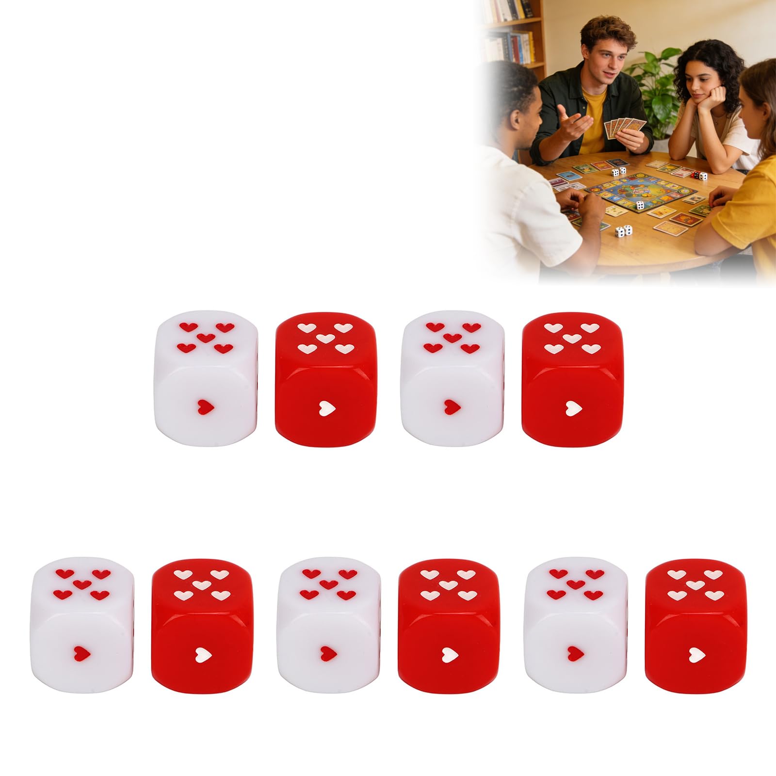Dadi a cuore, 5 paia 25mm di metodo di gioco multiplo in plastica bianca rossa Gioco portatile alla moda D6 Set di oggetti di scena a sei facce