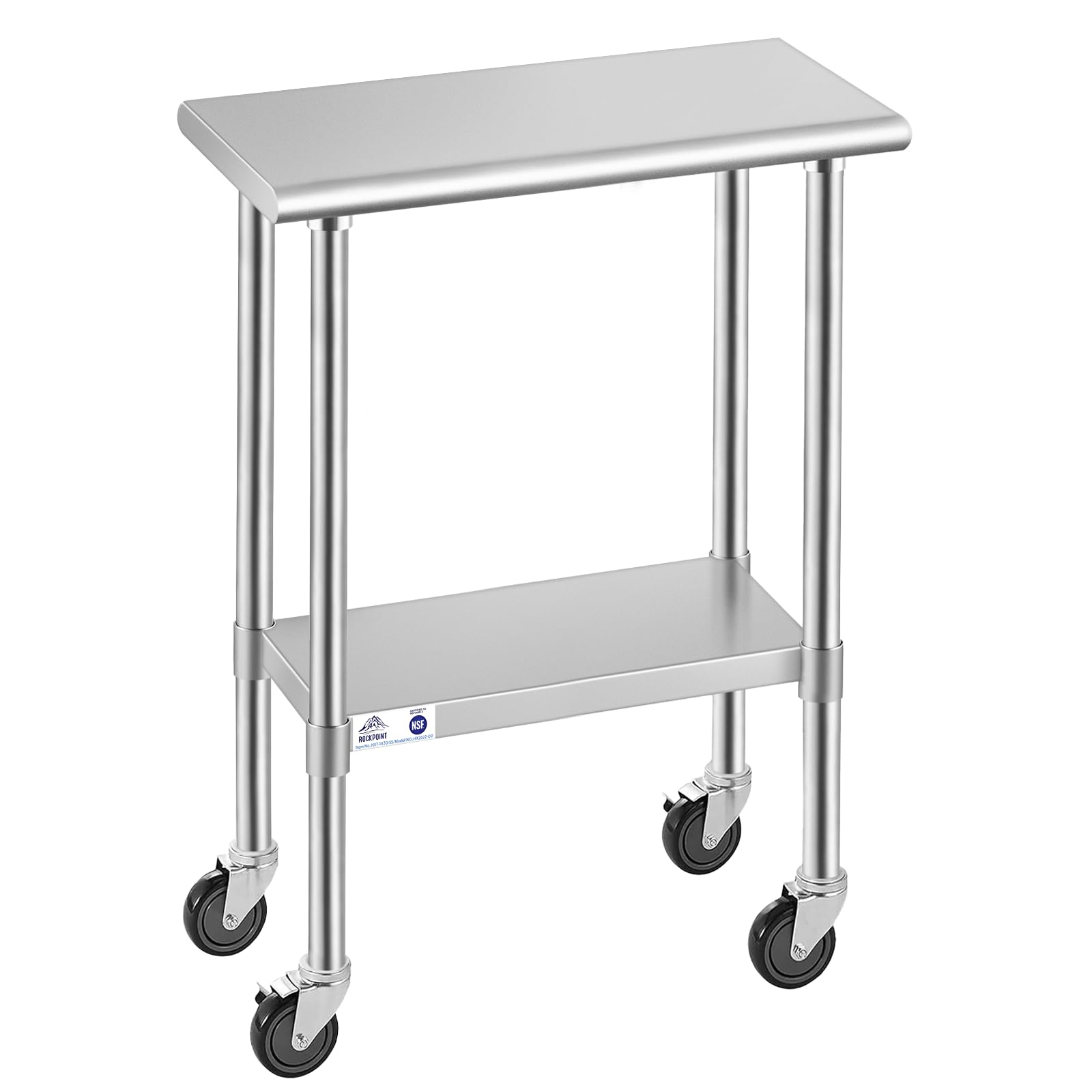 ROCKPOINT Stainless Steel Table for Prep &amp; Work with Caster Wheels 14x30 Inches, NSF Metal Commercial Kitchen Heavy Duty Table with Adjustable Under Shelf and Table Foot for Restaurant, Home and Hotel