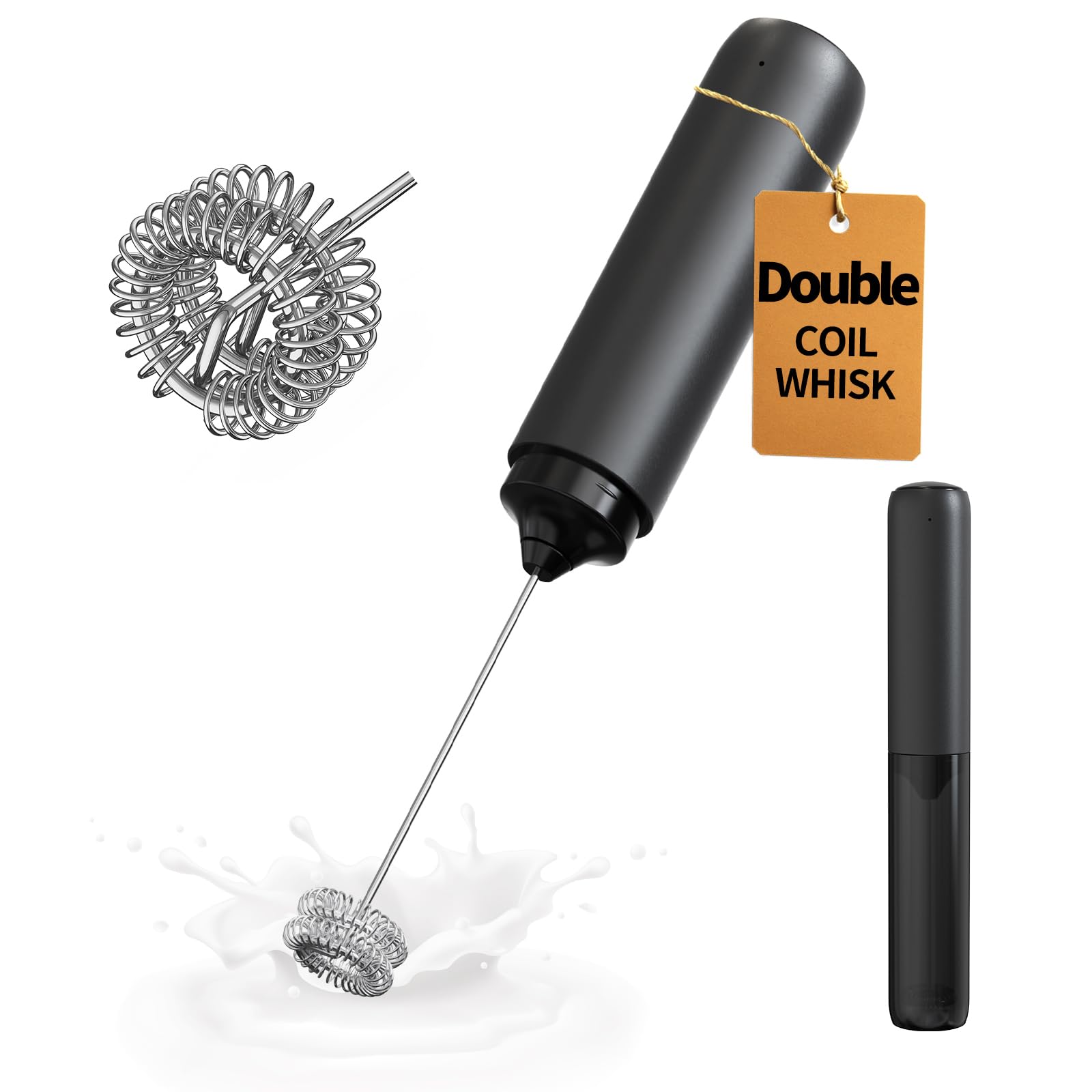 CIRCLE JOY Rechargeable Milk Frother Hanheld, Dual Coil Whisk Head Electric Coffee Frother, Portable Hand Frother Wand Drink Mixer for Matcha Lattes Cappuccino, Kitchen Gifts, Black