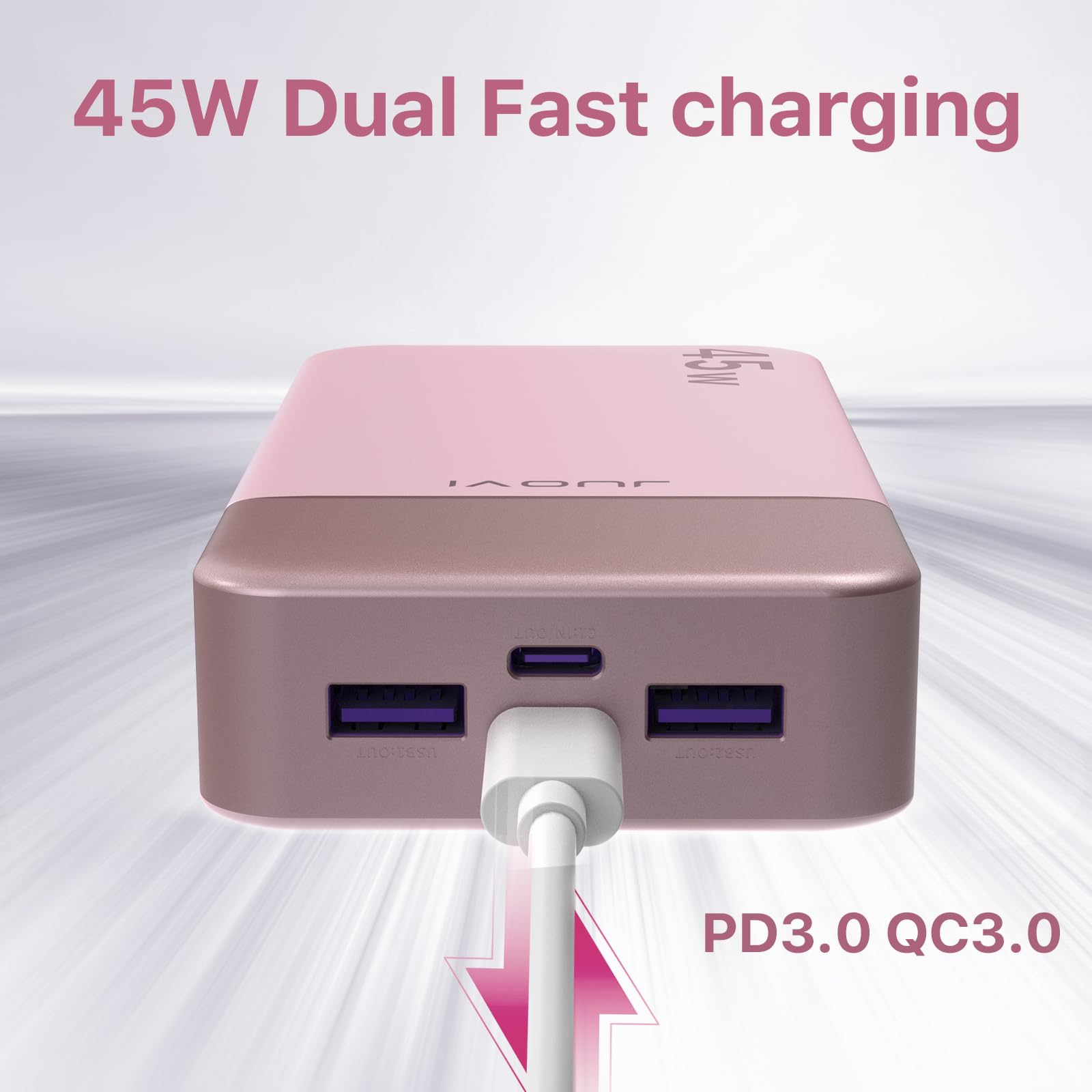 JUOVI Power Bank Ricarica portatile 20000mAh 45W, ricarica super rapida con display a LED caricatore portatile del telefono, banca di alimentazione USB C per MacBook, per iPhone 15 (Rosa)