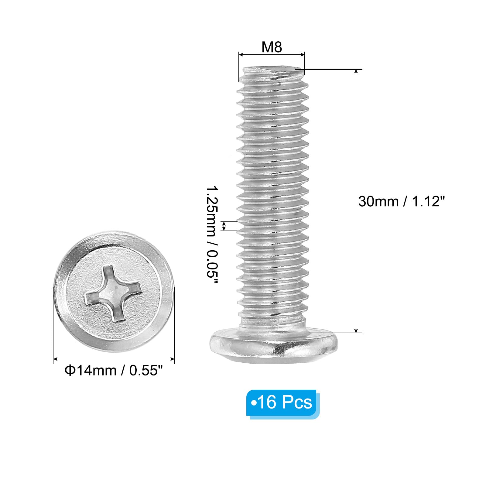 PATIKIL Flat Round Head Phillips Screws, 16 Pack M8-1.25 x 30mm Binding Screws 304 Stainless Steel 18-8 Full Thread, Phillips Drive Machine Screw Furniture Screw Connector Bolts - Image 2