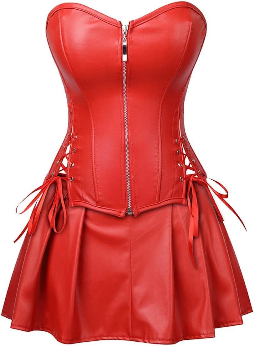 DKCHENH Women's Punk Rock Faux Leather Steampunk Corset gothic bustier skirt set costume