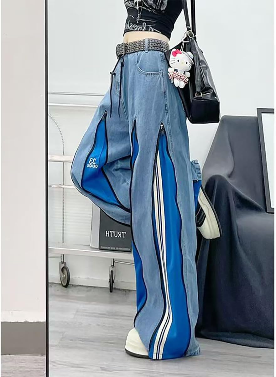 Ladies' Retro American Patchwork Printed Jeans, Stylish Personalized Zipper Design, Loose Y2K Hip-hop Casual Pants - Image 5