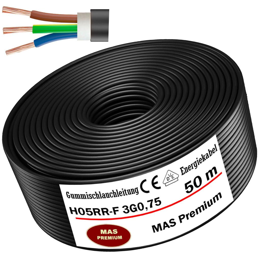 Przewód gumowy od 5 do 100 m, kabel zasilający na plac budowy H05RR-F 3G 0,75 mm², elastyczny przewód do urządzeń ręcznych i lekkich urządzeń (50 m)