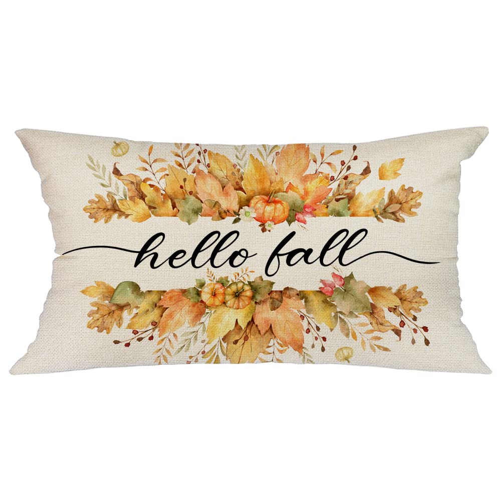 GEEORY Fall Decor Pillow Cover 12x20 inch Hello Fall Pumpkin and Maple Leaves Lumbar Throw Pillow Cover for Autumn Farmhouse Fall Decorations Fall Pillows Decorative Pillow Cover for Couch Sofa