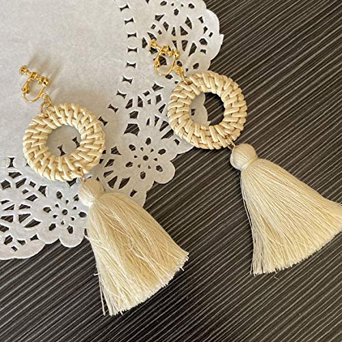 Bohemian Thread Tassel Dangle Clip On Earrings No Pierced For Women Lightweight Fringe Straw Rattan White #TOP4