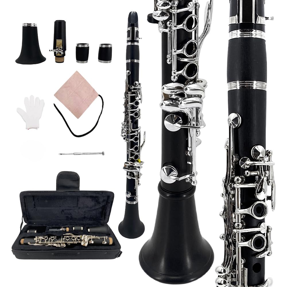 Yinfente Professionelle B flache Klarinette, Ebonitholz, 2 Fässer, mit Tasche, Stoff, Zubehör (schwarz)