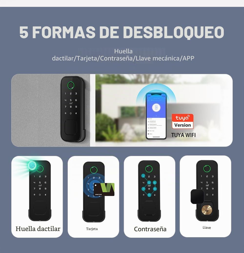 R2 Cerradura Inteligente con Huellas Dactilares Wi-Fi Tuya Smart | Acceso Tarjetas IC, Control por Aplicación, Contraseña/Llave/Desbloqueo Mecánico, Para Hogar, Oficina y Hotel