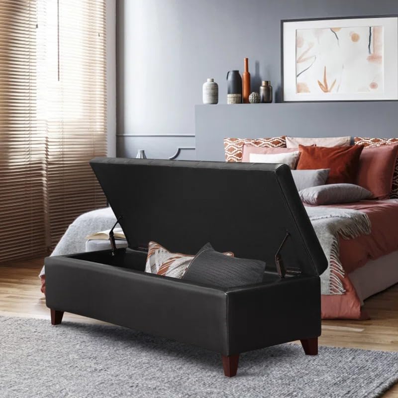 Image of LEGACY OF COMFORT Nysir 2 Seater Sofa Upholstered Ottoman Bench with Storage, for Living Room, Bedroom, Entryway (Black Leather)