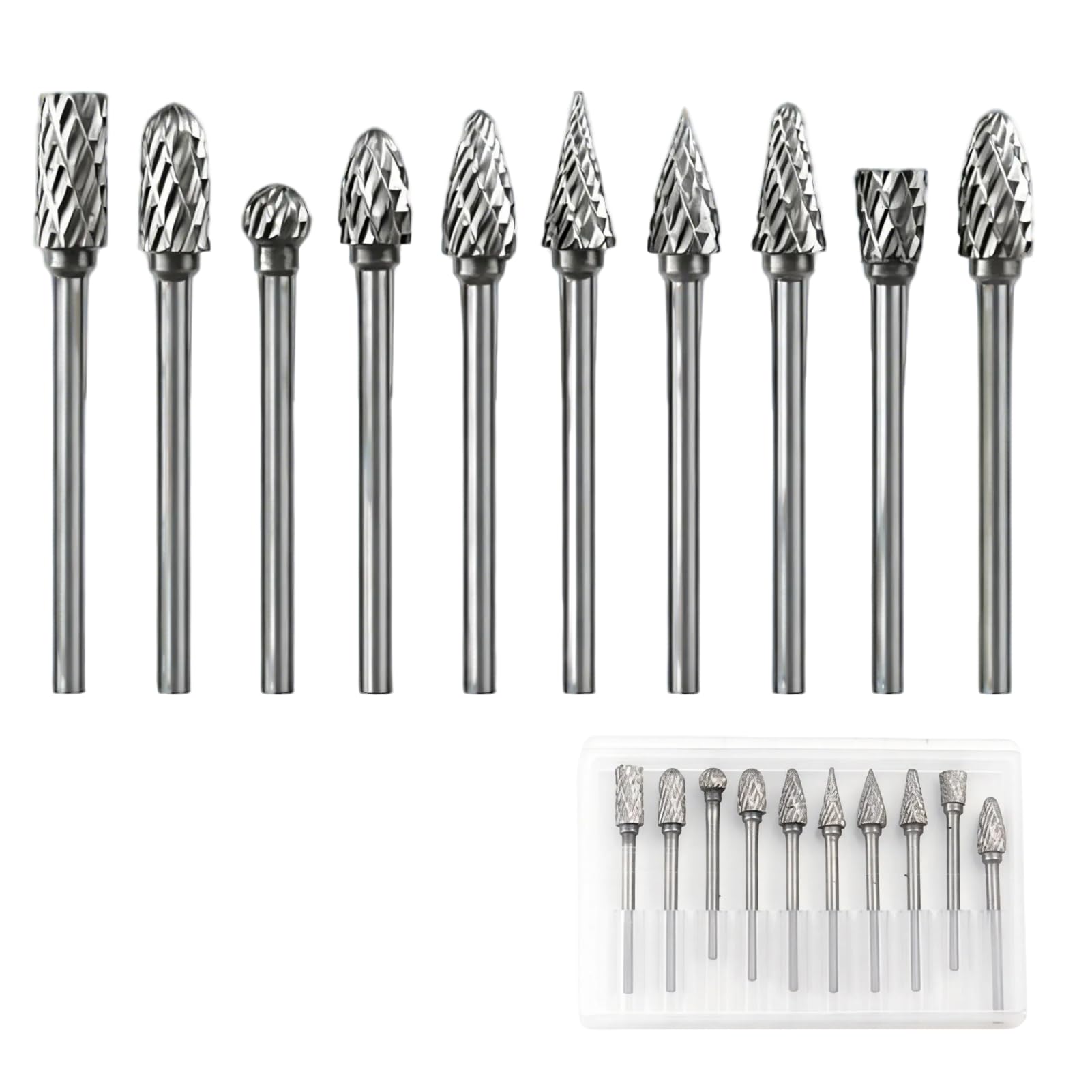 AropaeenGlowry 10-Piece Tungsten Carbide Rotary Burr Set - 3.175mm (1/8") Shank Double Cut Carving Bits for Metal, Wood, Engraving & Drilling Bullet Points: