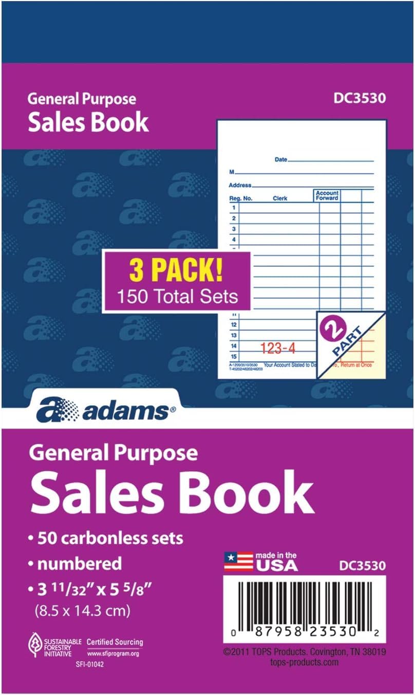 Adams General Purpose Sales Book, 2-Part, Carbonless, White/Canary, 3-11/32 x 5-5/8 Inches, 50 Sets/Book, 3 Books (DC3530) (Pack of 6)