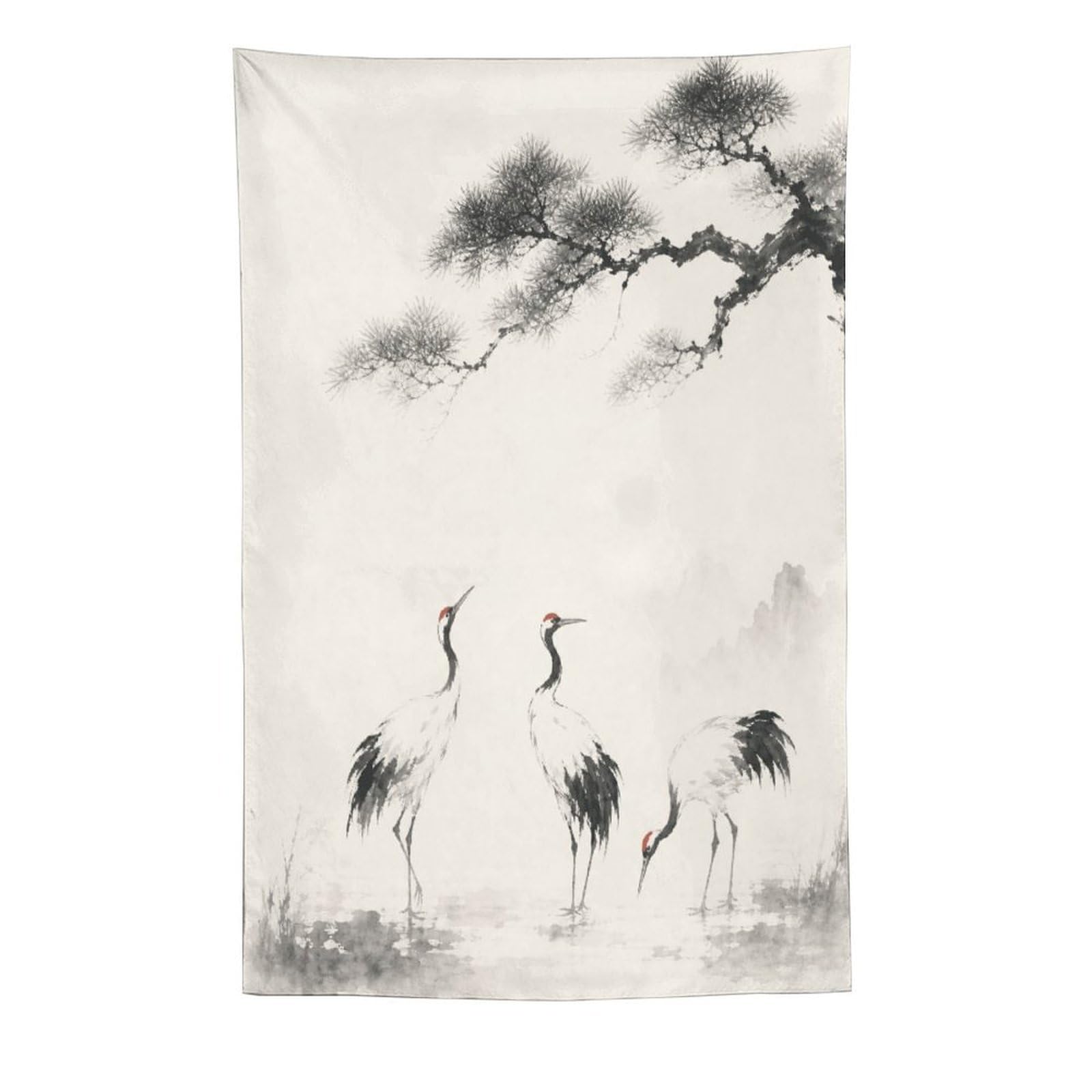 H3B8U2Y5 Cranes in Mist Wall Tapestry, Asian Ink Style, Minimal Ink