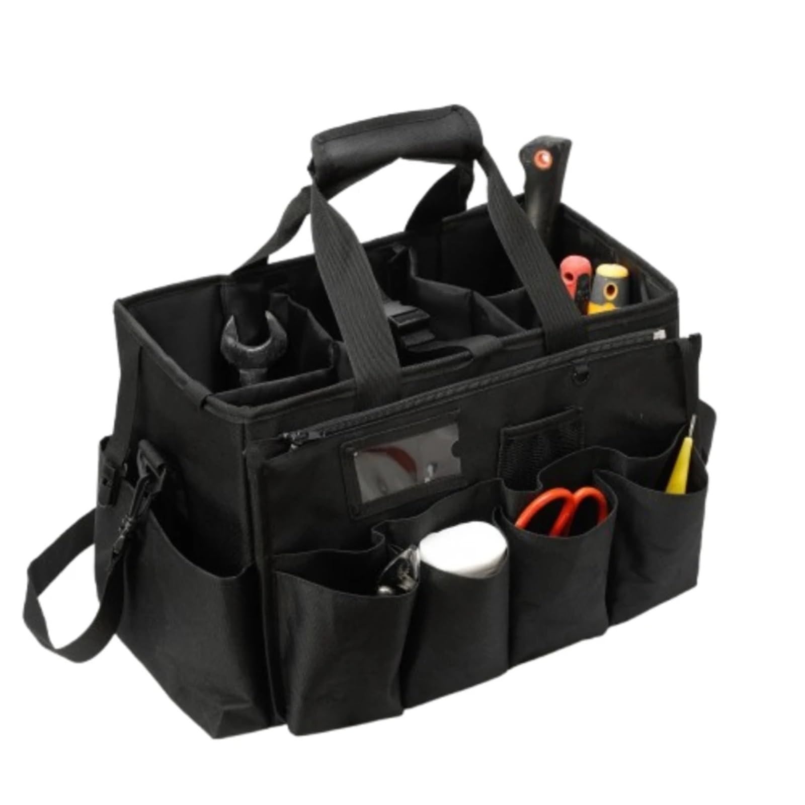 Reinigungs-Caddy-Tasche Verstellbare Schultergurte Aufbewahrungstasche for Reinigungswerkzeuge Oxford-Stoff mit Mehreren Taschen Werkzeugtasche for Elektriker Große Kapazität Weite Öffnung(Black)