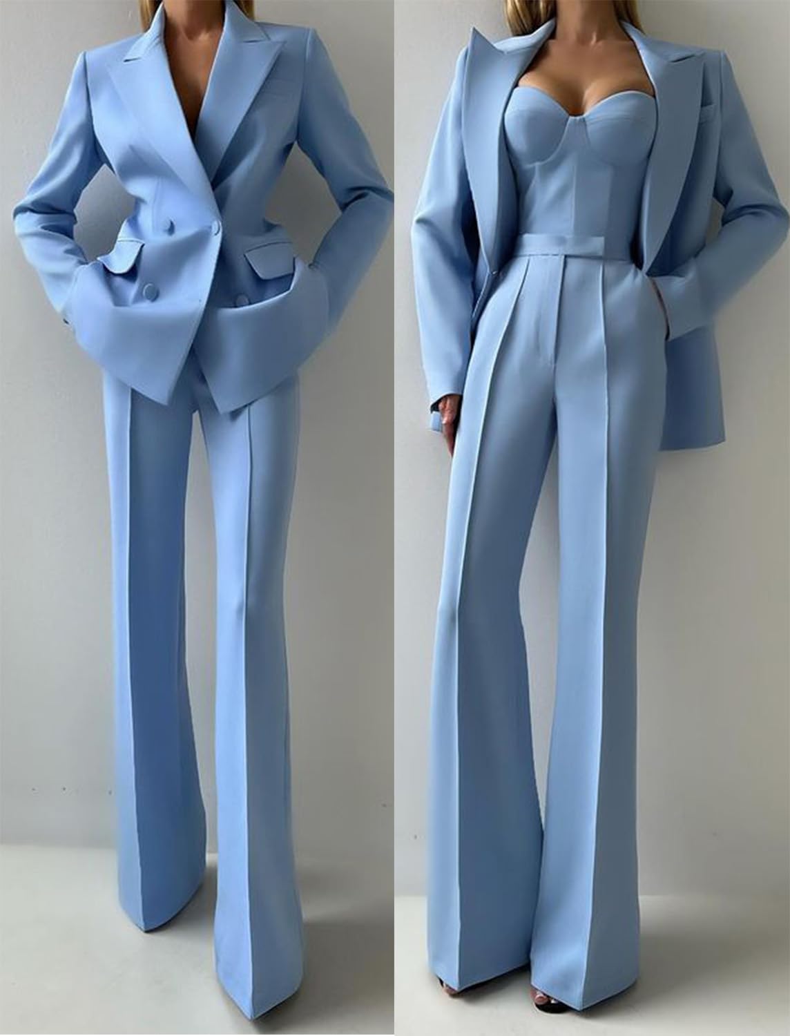 Damen Anzug Doppelte Brüste Knöpfe Zwei Stücke Jacke Hosen Spitze Revers Casual Set Arbeit Business Smokings